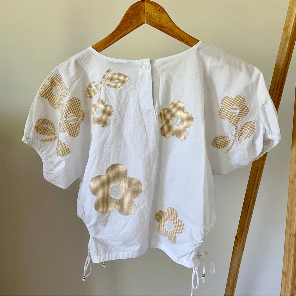 NWT Madewell Poplin Gingham Embroidered Flower Puff Sleeve Cut Out Top in White - Picture 5 of 8